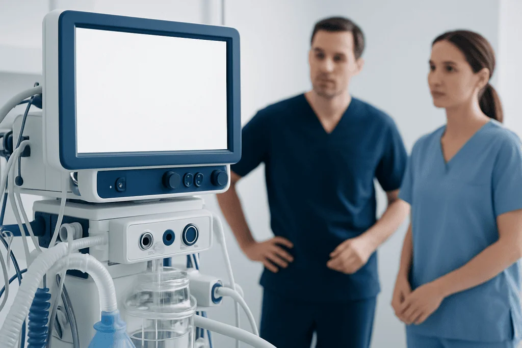 Medical professionals reviewing patient monitoring equipment in hospital.