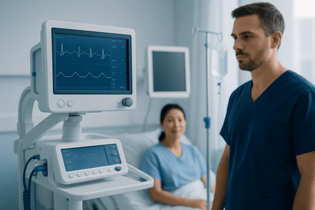 Medical professional monitoring patient with heart rate display in hospital.
