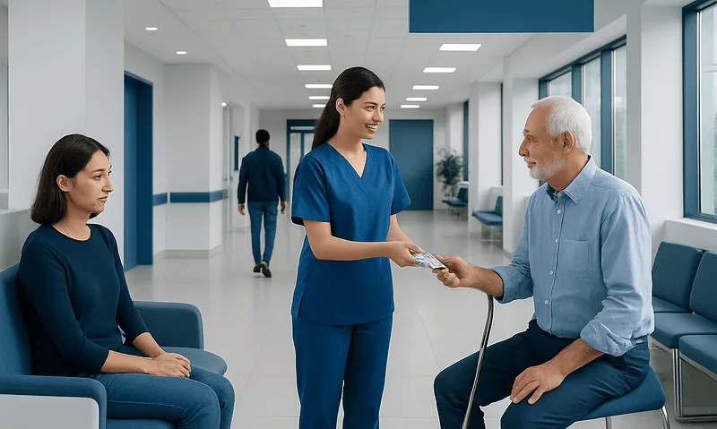 Healthcare professionals assisting a patient in a hospital corridor.