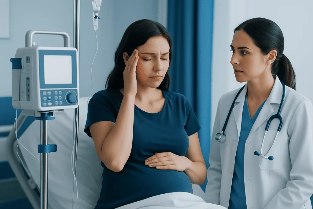 Pregnant woman experiencing headache with doctor in hospital room.