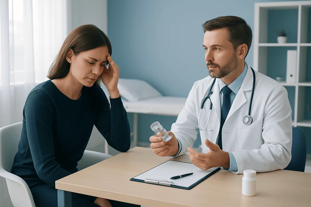 Doctor consulting with a woman patient about headache relief options.