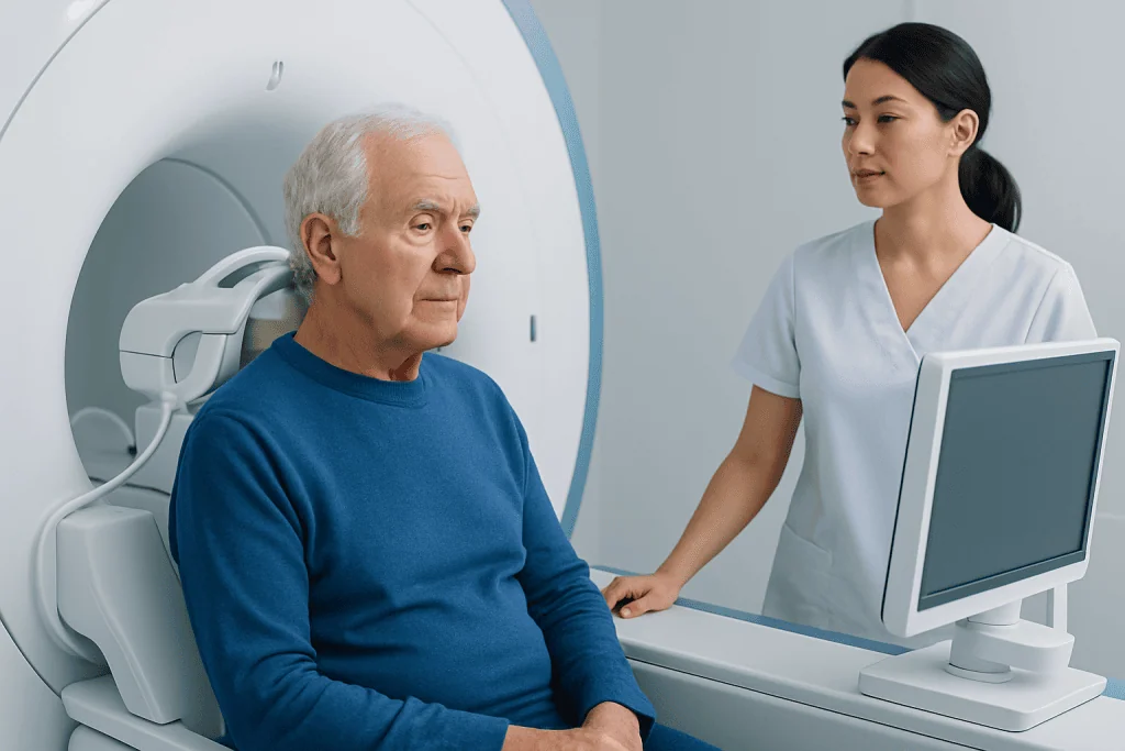 Senior man undergoing MRI scan at Acibadem Hospital for neurological assessment.