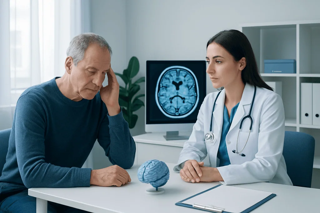 Doctor explains brain health to patient during neuropsychological testing.