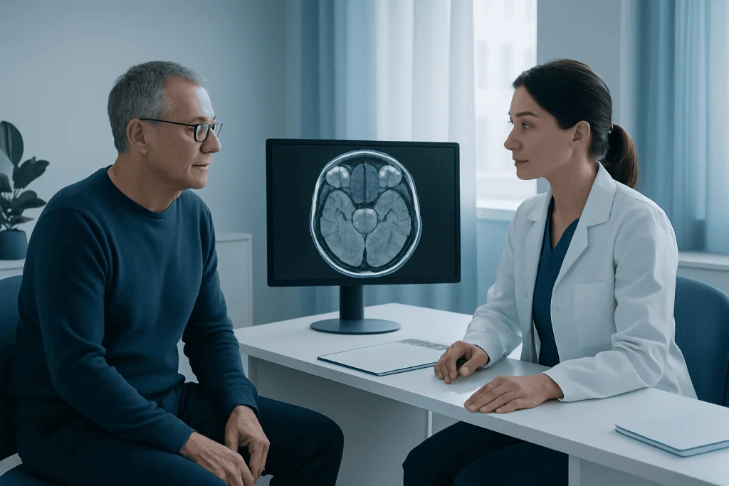 Doctor explaining brain MRI scan to patient in a medical consultation room.