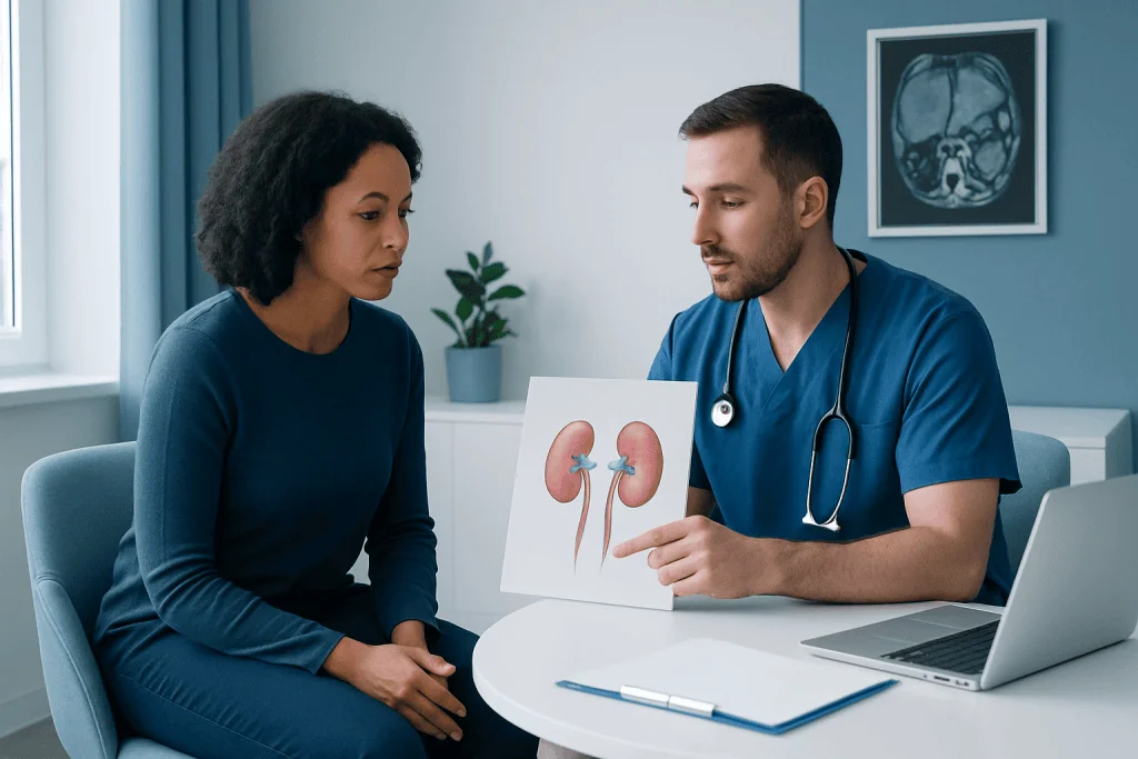 Doctor explaining kidney health to patient with anatomical model.