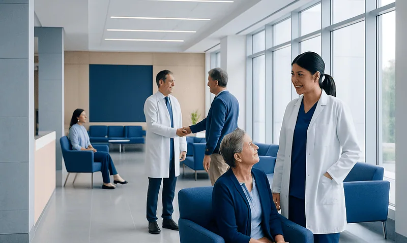 At Acibadem, How We Coordinate Multi-Specialty Care in One Treatment Journey 3 Healthcare professionals and patients in a modern hospital lobby.