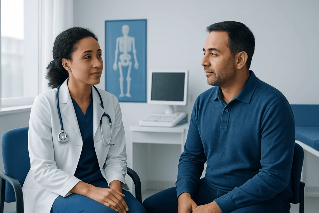 Doctor consulting with a male patient in a medical office setting.