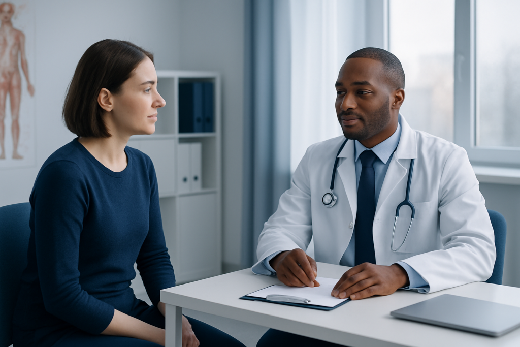 Doctor consulting with a female patient in a medical office setting.