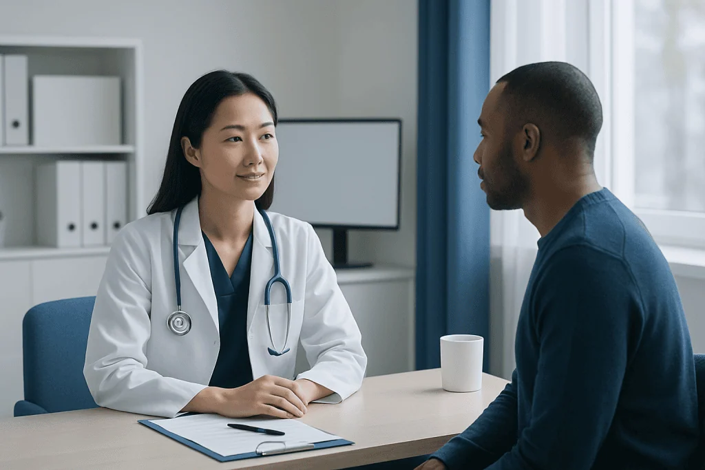 Doctor consulting with a patient in a modern medical office.