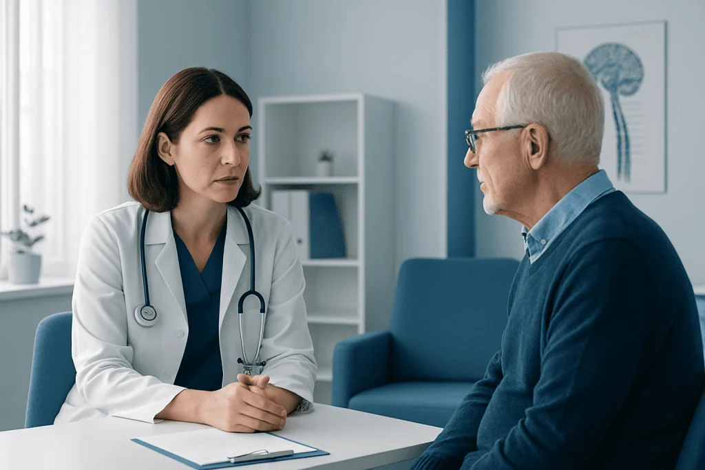 Doctor consulting with elderly patient in a medical office.