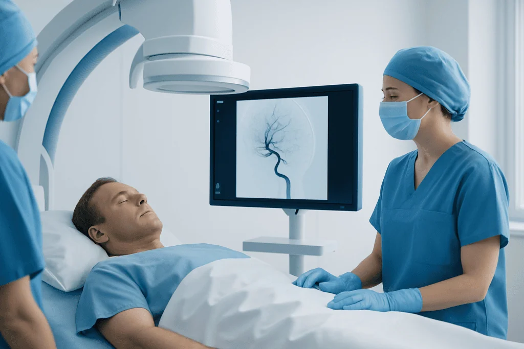 Neurointerventional radiology procedure in a hospital setting with medical staff.