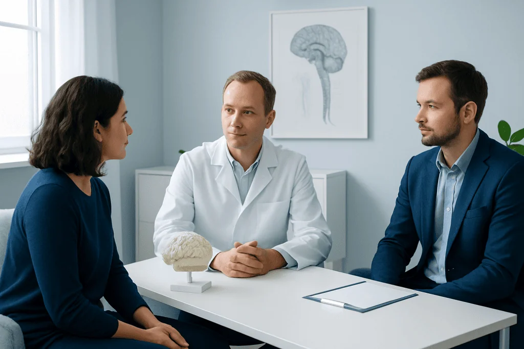 Doctor consulting with two patients in a medical office with brain diagram.