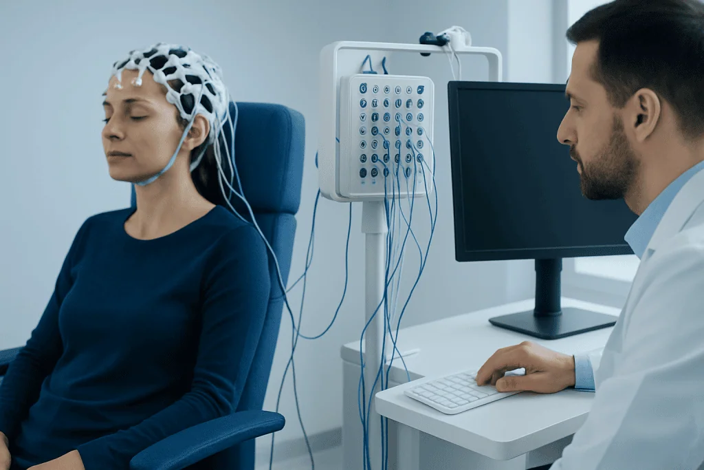 Patient undergoing neurophysiological testing at Acibadem Hospital.