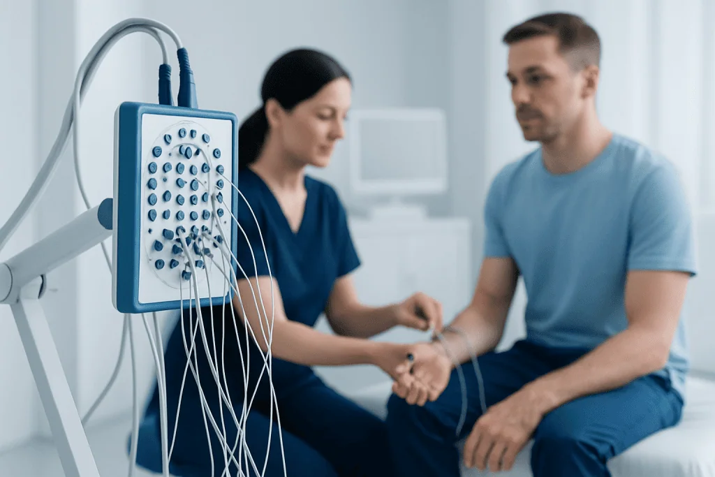 Electromyography test being performed on a patient at Acibadem Hospital.