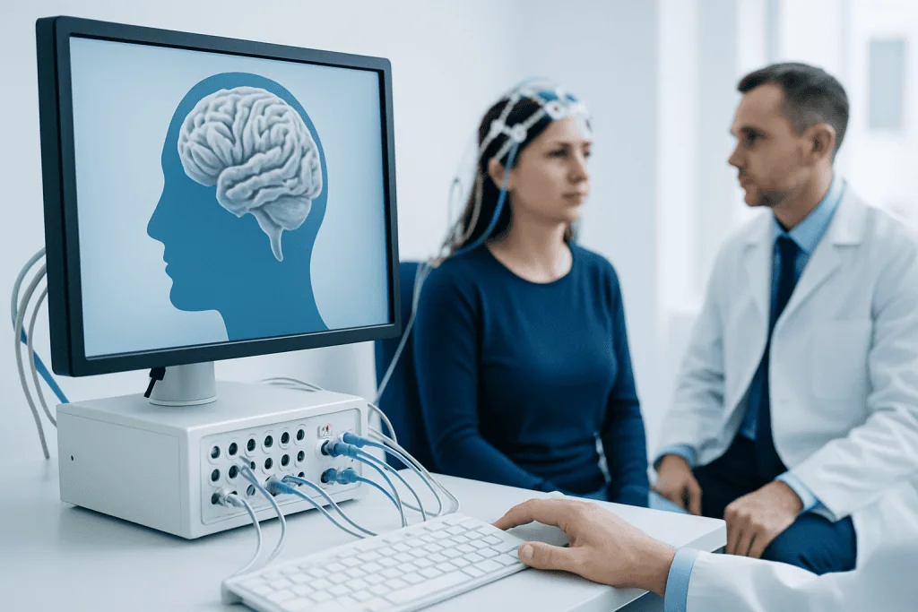 Patient undergoing neuropsychological testing with brain activity monitoring equipment.