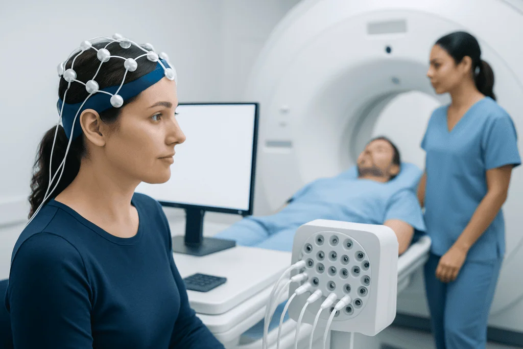 Patient undergoing neuropsychological testing with EEG cap at Acibadem Hospital.