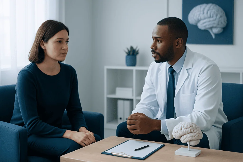 Doctor and patient discussing neuropsychological testing in a clinical setting.