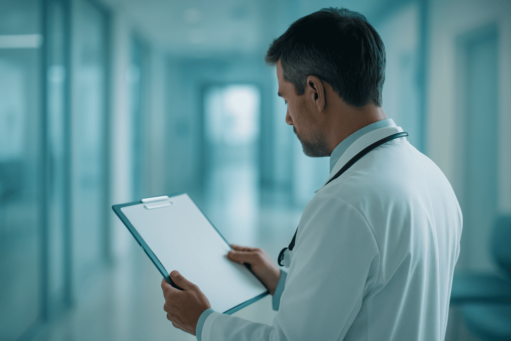 What New Technology Means for Knee Replacement Surgery for American Patients 1 Doctor reviewing patient data on a tablet in hospital corridor.