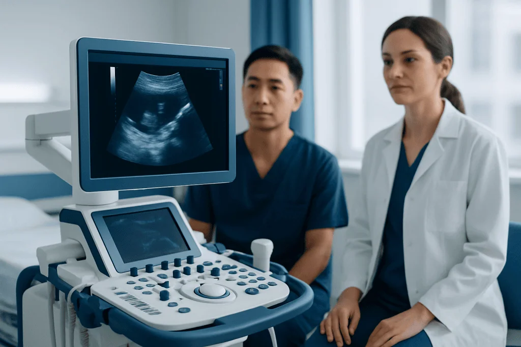Medical professionals reviewing ultrasound scan in hospital setting.