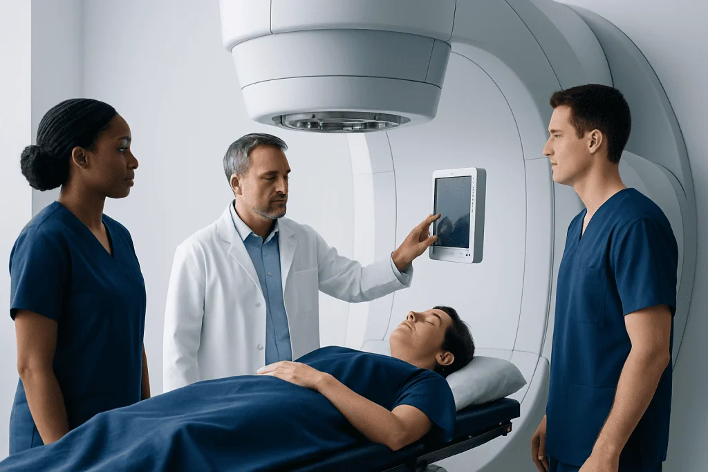 Medical team operating MRI machine for cancer diagnosis at Acibadem Hospital.