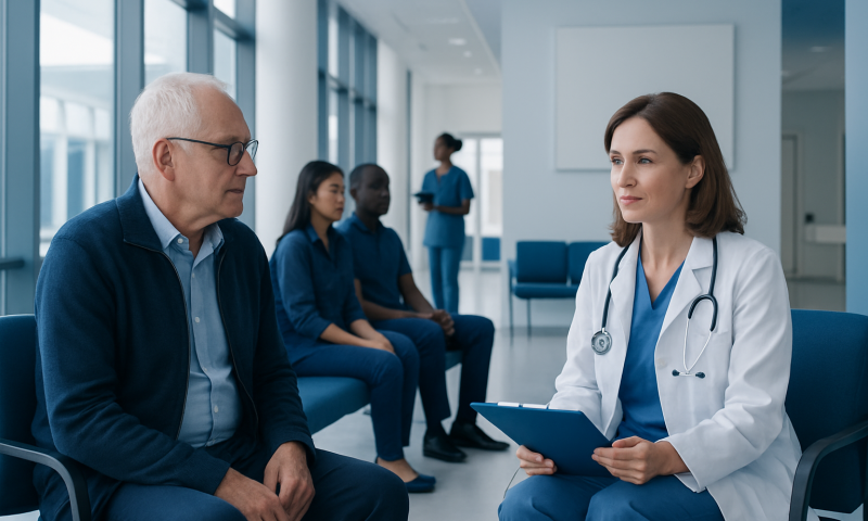 Doctor consulting with senior patient in hospital waiting area.