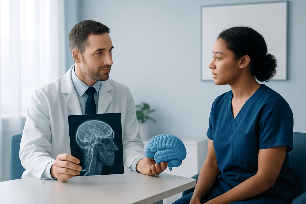 Doctor explaining brain scan to nurse in a medical consultation room.