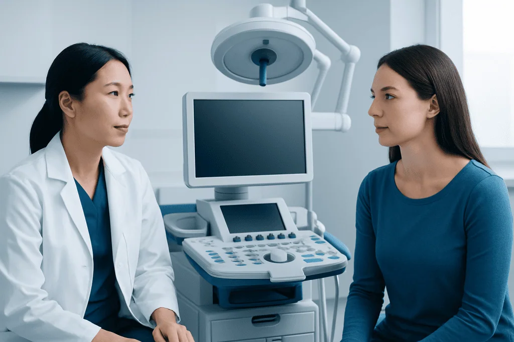 Doctor consulting patient in a medical examination room with ultrasound equipment.