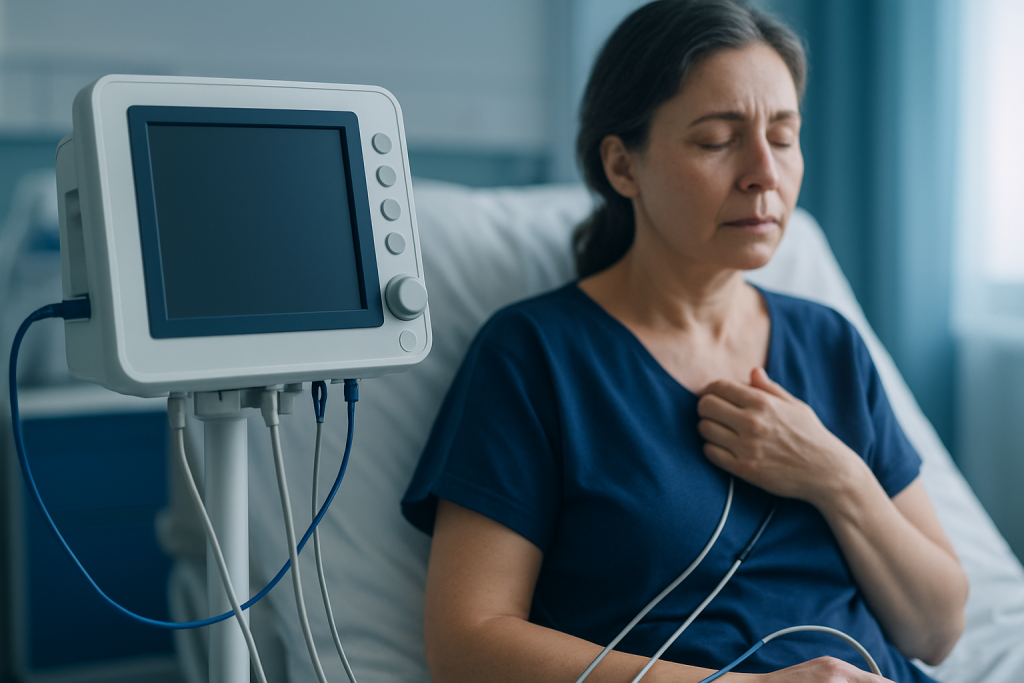 Woman in hospital bed with medical monitor after breast prosthesis removal.