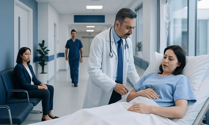 Doctor consulting with a patient in a hospital room at Acibadem Hospitals Group.