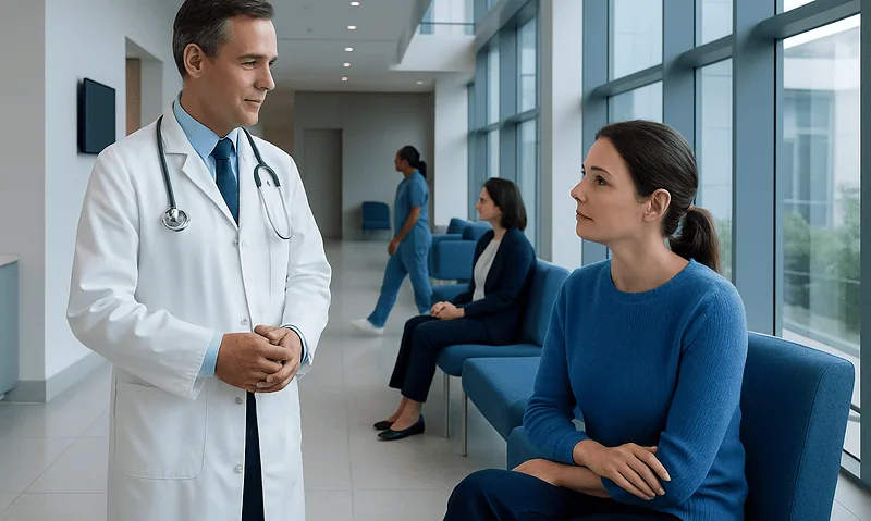 Doctor talking to a patient in a hospital corridor with other patients in the background.