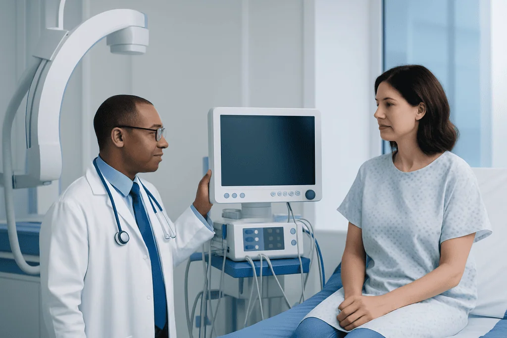 Doctor explaining medical results to a patient in a hospital room.