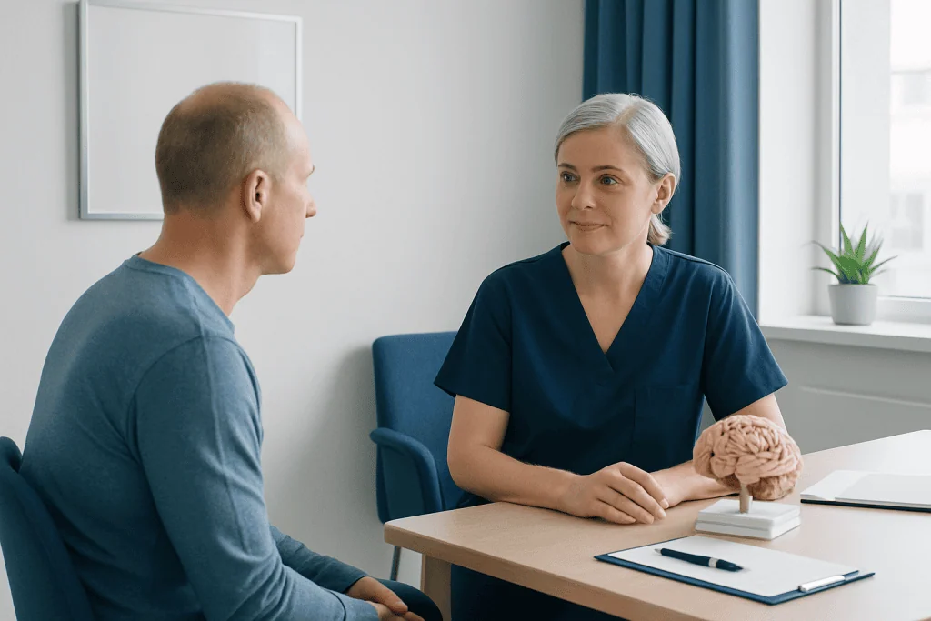 Doctor consulting with a patient in a medical office setting.