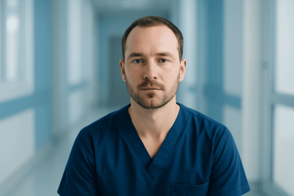 What Patients Often Miss Before Needing Genetic Cancer Testing Through Advanced Treatment Planning 1 Male healthcare professional in blue scrubs in hospital corridor.