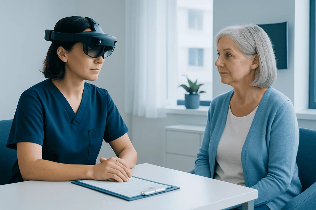 Healthcare professional using virtual reality headset with elderly patient in consultation.