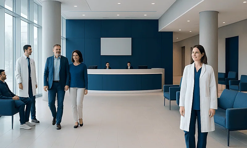 Modern hospital lobby with medical staff and patients at Acibadem Hospitals Group.