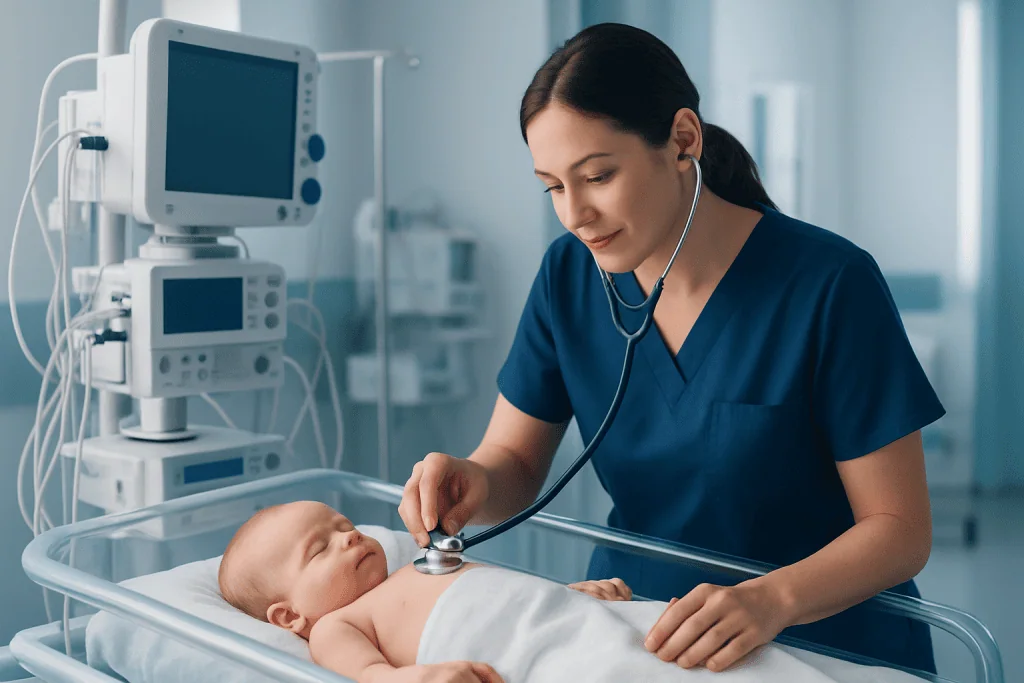 Pediatrician examining a baby in a hospital setting with medical equipment nearby.