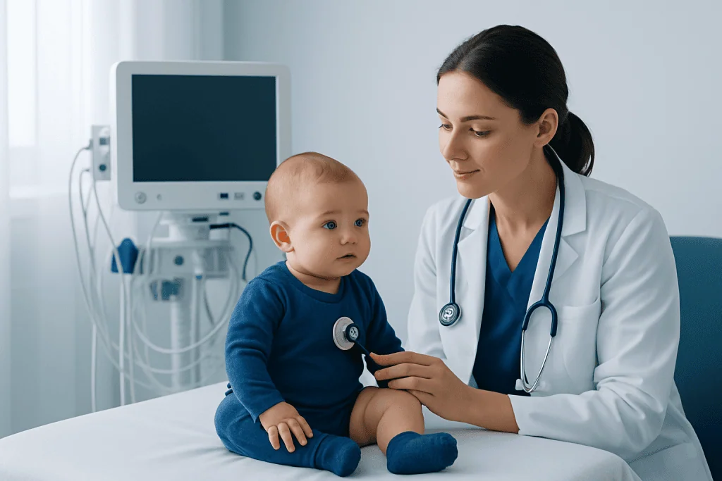 Pediatrician examining a young child's chest with a stethoscope in a hospital room.