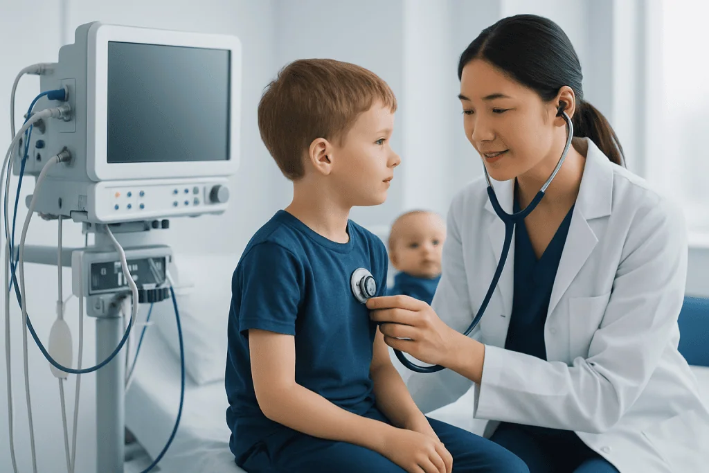 Pediatrician examining a young boy with a stethoscope in a hospital setting.