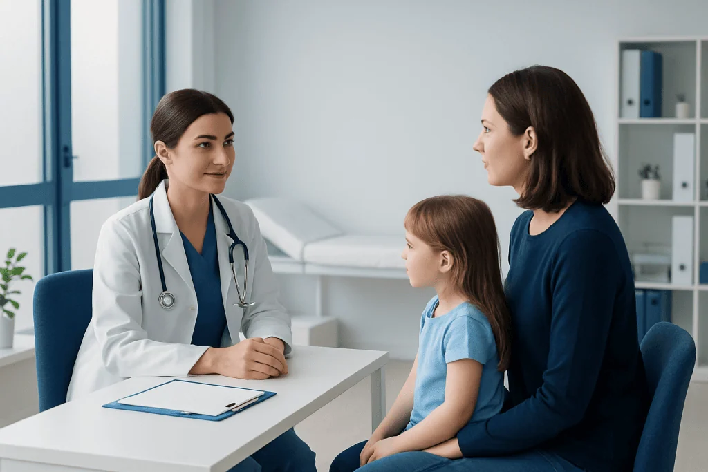 Pediatric consultation at Acibadem Hospital with doctor, mother, and child.