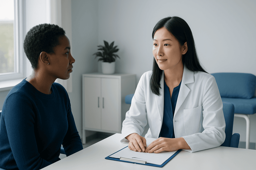 Doctor consulting with patient in a medical office setting.
