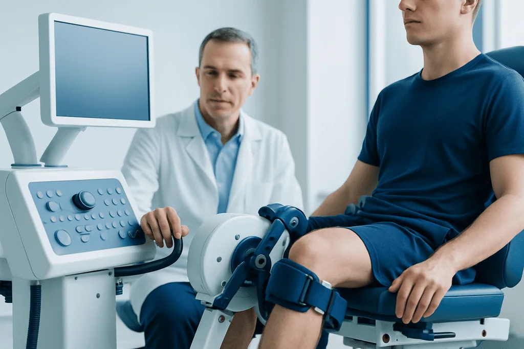 Physiotherapy session at Acibadem Hospital with a doctor and patient using a knee rehabilitation exo.
