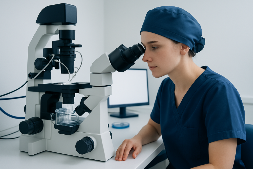 Female scientist examining samples with a microscope in a laboratory.