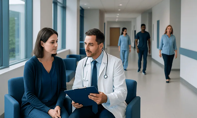 Doctor consulting with a patient in a hospital corridor at Acibadem Hospitals Group.