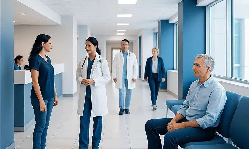 Pre-Operative Clearance in Turkey: Cardiology, Lung, and Anesthesia Reviews 5 Medical team consulting with patient in hospital corridor.