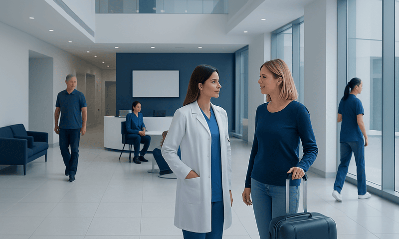 At Acibadem, How Our Doctors and Clinical Teams Plan Care Before You Travel 11 Healthcare professionals and patients in a modern hospital lobby.