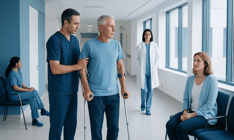 Prehabilitation Before Surgery in Turkey: Strength, Breathing, and Mobility 12 Elderly patient with crutches during prehabilitation at Acibadem Hospital.