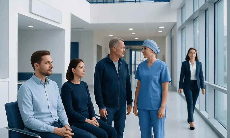 Medical team consulting in hospital corridor with patients and staff.