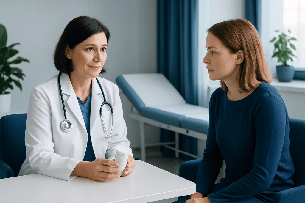 Doctor consulting with a patient in a medical office setting.