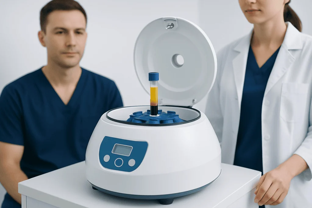 Medical professionals preparing PRP centrifuge for treatment at Acibadem Hospitals.