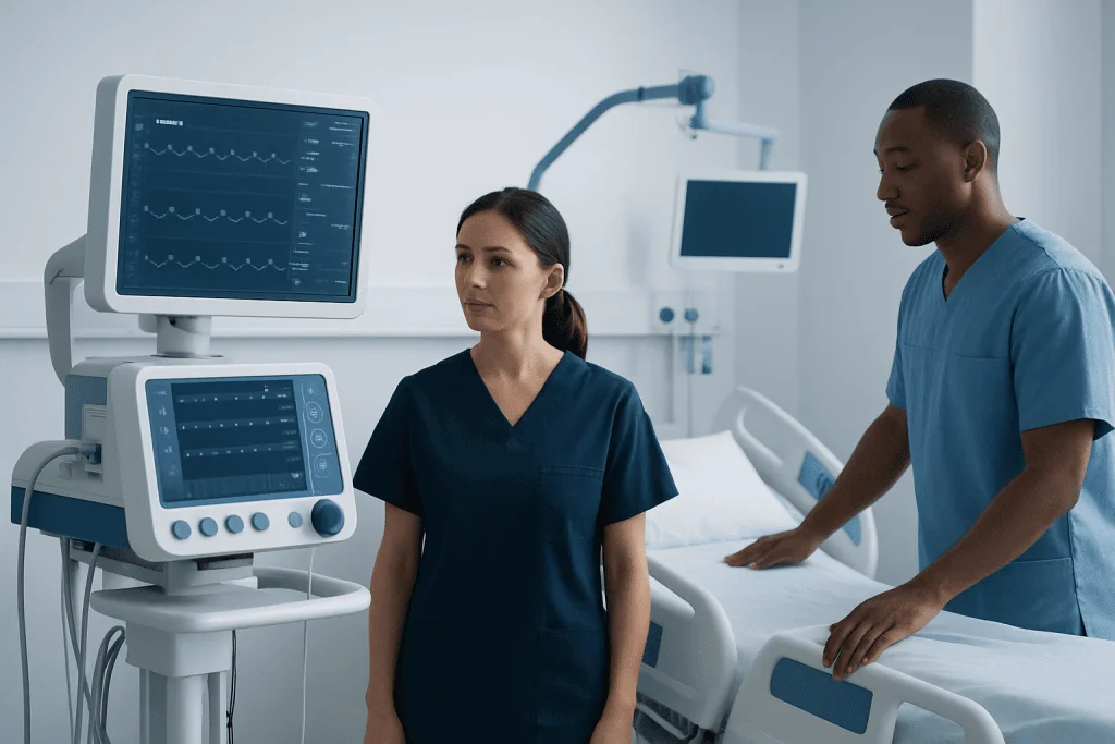 Medical professionals monitoring patient vital signs in hospital.